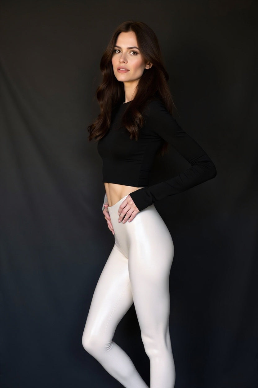 Silke Noir white glossy tights, full-length standing